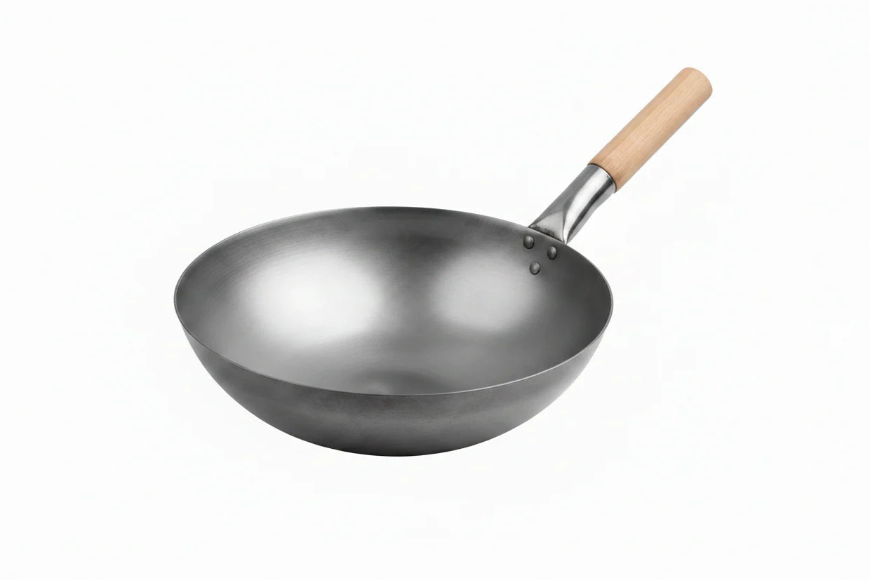 Wood Handle Round Bottom Wok 12" 300mm 1pc 1.2mm Thick