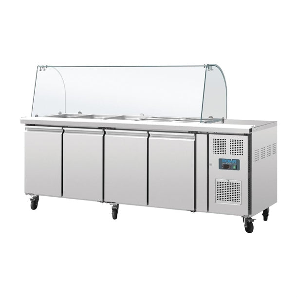 Polar U-Series Refrigerated GN Counter Saladette with Sneeze Guard - 4 Door