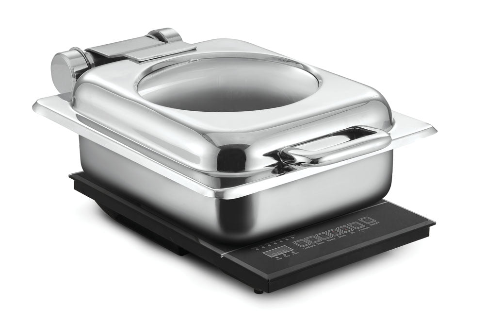 Rectangular Small Induction Chafer, With cover control mechanism, with Glass window, Compatible with Induction Heater. (Induction Heater Not Included)