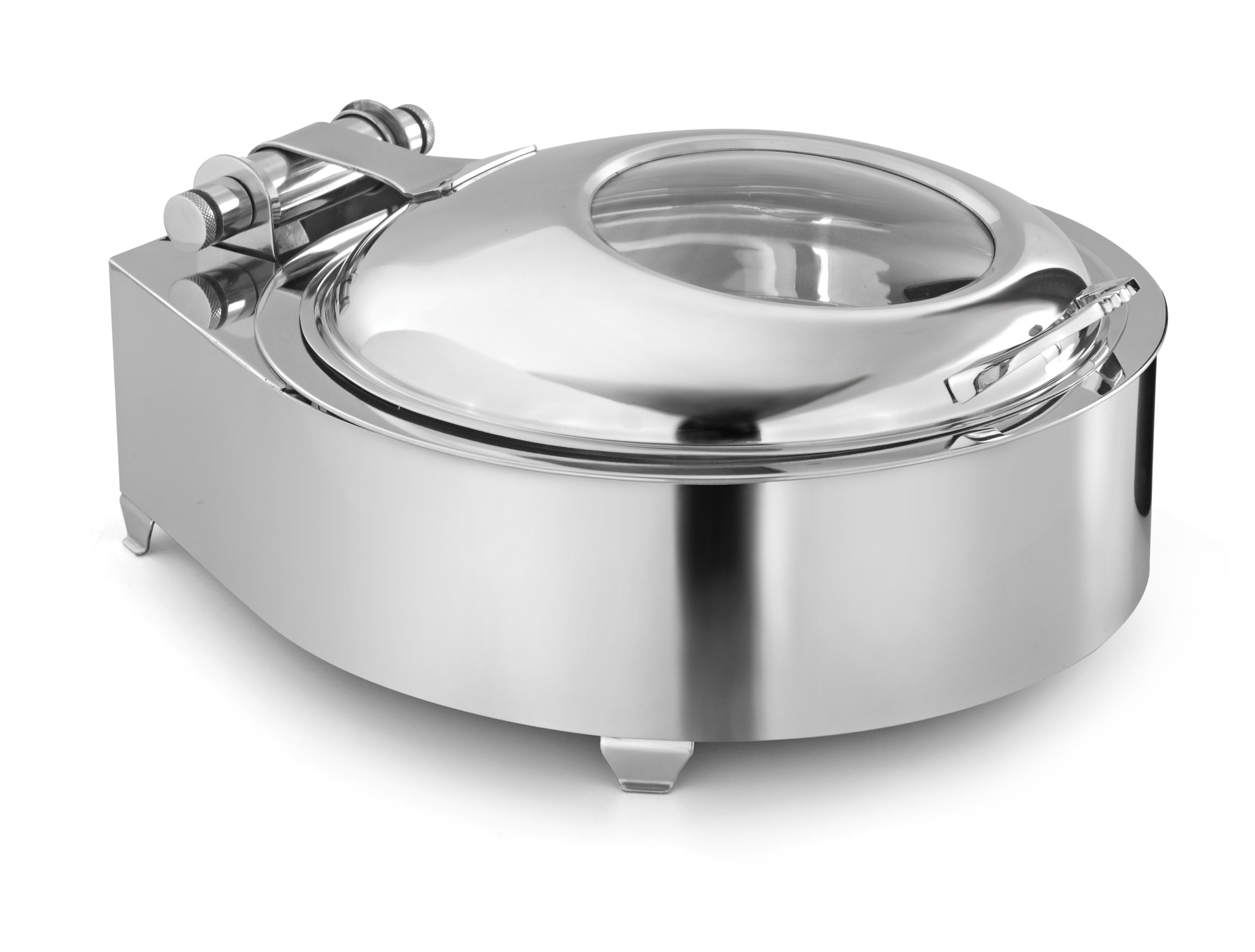 Round Chafer With cover control mechanism. With Glass Window. With fully closed stand. Short Height. Can be used only with Heating Plate. (Heating Plate Included)