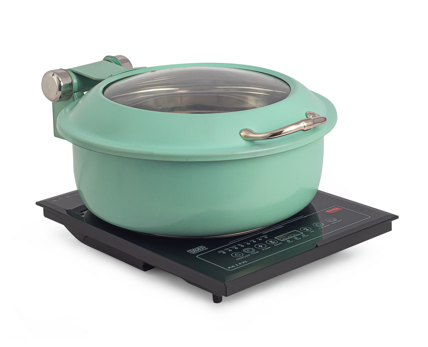 Round Large Induction Chafer, with Glass window, With cover control mechanism, Can be used only with Induction Heater. (Induction Heater Not Included)