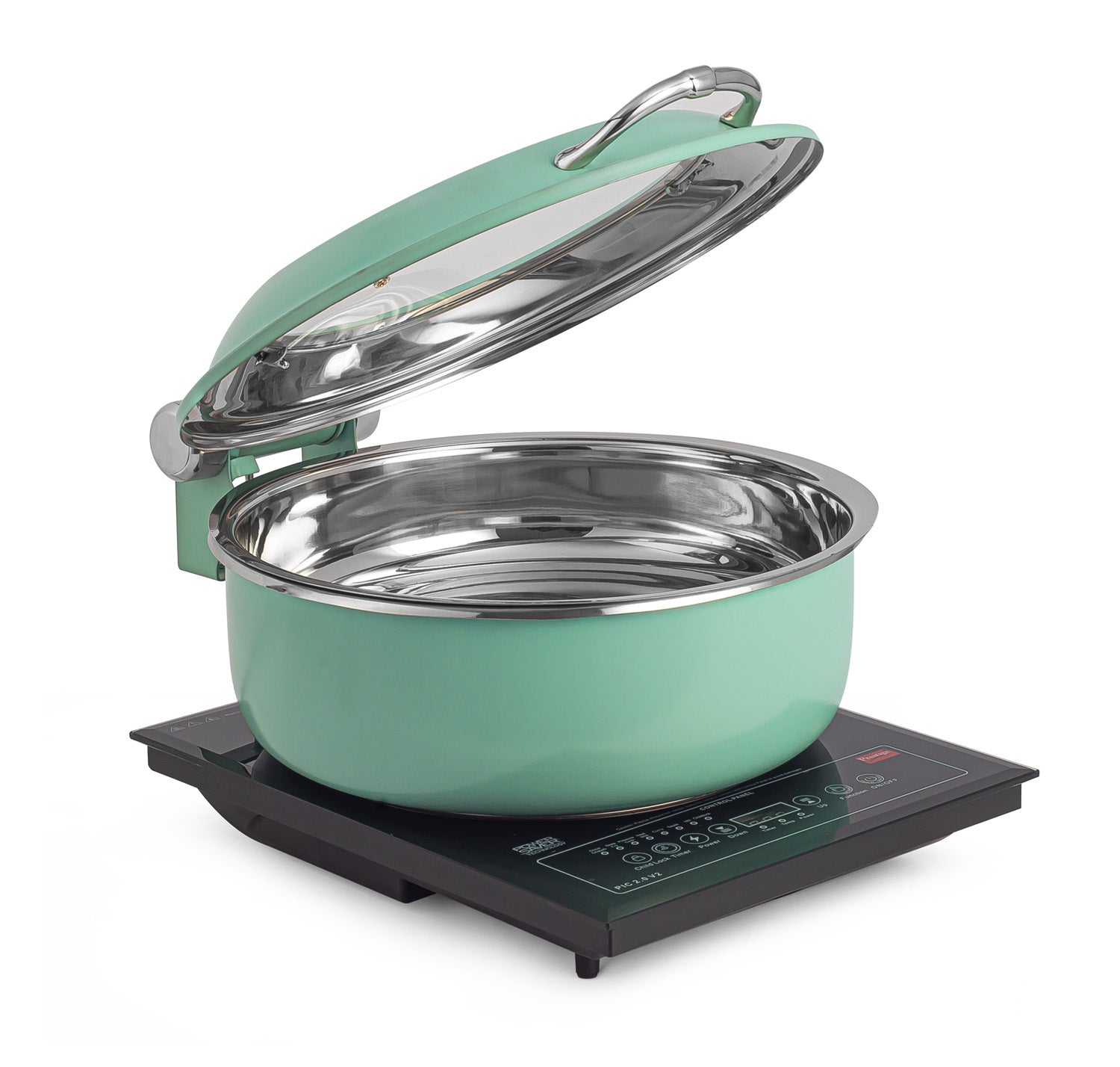 Round Large Induction Chafer, with Glass window, With cover control mechanism, Can be used only with Induction Heater. (Induction Heater Not Included)