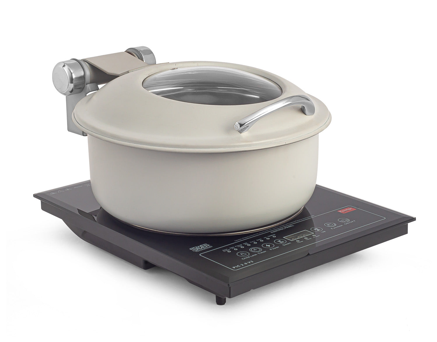 Round Large Induction Chafer, with Glass window, With cover control mechanism, Can be used only with Induction Heater. (Induction Heater Not Included)