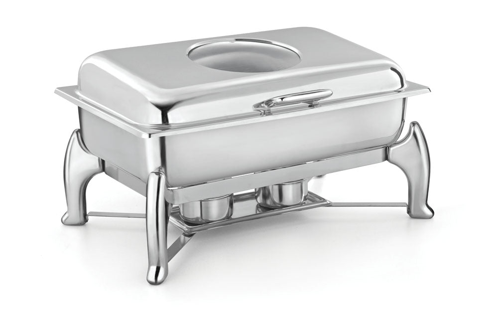 Rectangular Full Size Induction Compatible Chafing Dish, With International Style S/S Stand. With Adjustable mechanism for slow movement of cover. With Glass Window.  Can be used with Fuel, Induction heater or Heating Pl