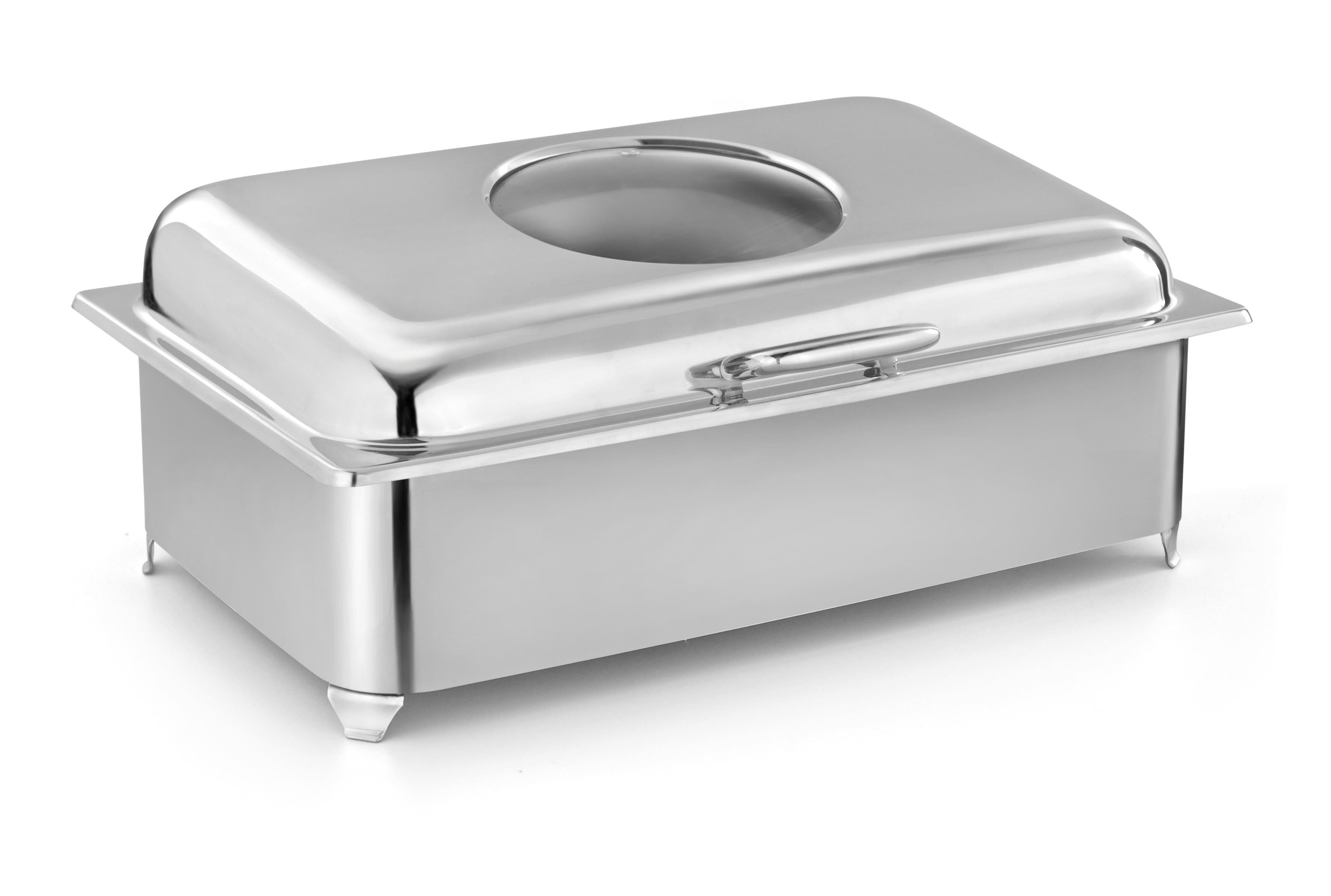 Rectangular Chafer With cover control mechanism. With Glass Window. With fully closed stand. Short Height. Can be used only with Heating Plate. (Heating Plate Included)