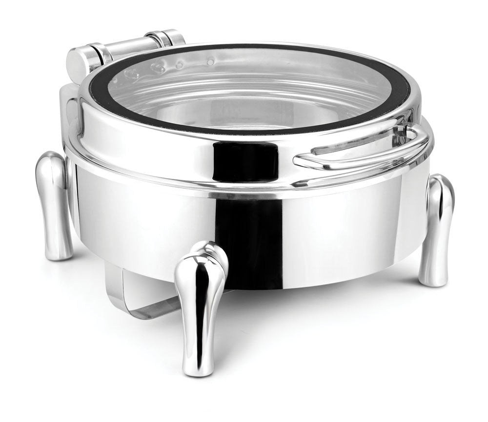 Round Chafer With cover control mechanism. With Full Glass Window. With Rose Gold Stand, Golden Base and Rose Gold Lid. With full covered stand, Tall Height. Can be used with Induction Heater, Fuel burner or Heating Plat