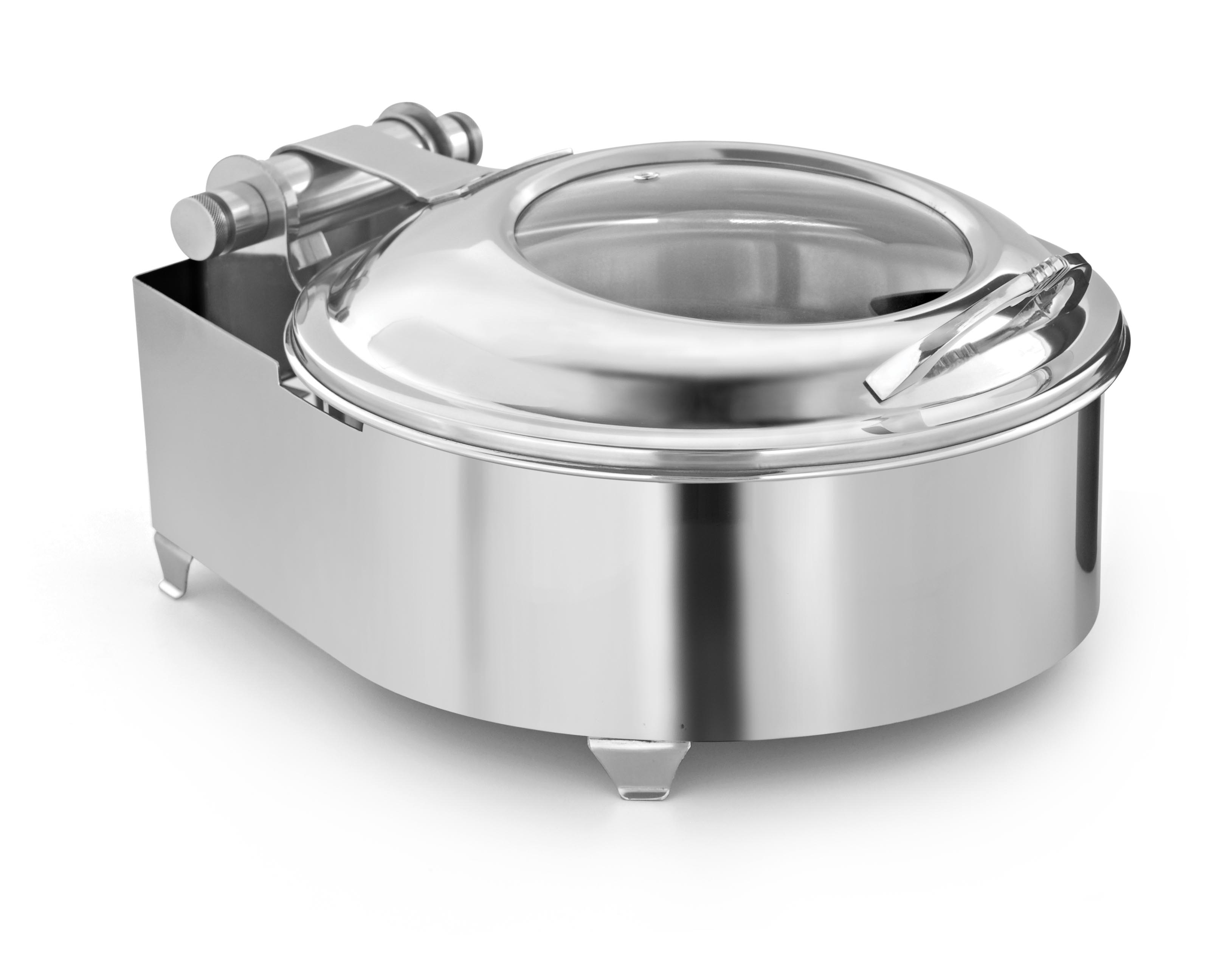 Round  Medium Chafer With cover control mechanism. With Glass Window. With fully closed stand. Short Height. Can be used only with Heating Plate. (Heating Plate Included)