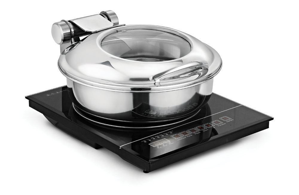 Round 5 Ltrs  Induction Chafer,  With cover control mechanism, with Glass window, Can be used only with Induction Heater. (Induction Heater Not Included)