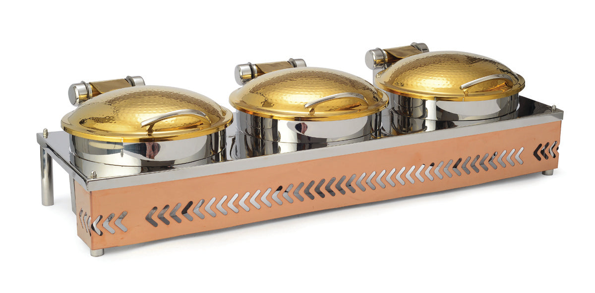 Round 5 Ltrs  Induction Chafer, Rose Gold Stand, Golden Lid. Hammered Finish. With cover control mechanism, Can be used with Fuel burner or Heating Plate.  (Heating Plate Not Included).
