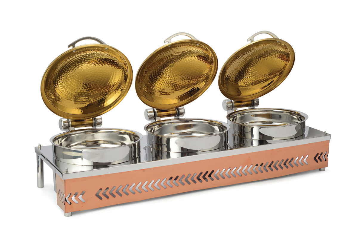 Round 5 Ltrs  Induction Chafer, Rose Gold Stand, Golden Lid. Hammered Finish. With cover control mechanism, Can be used with Fuel burner or Heating Plate.  (Heating Plate Not Included).