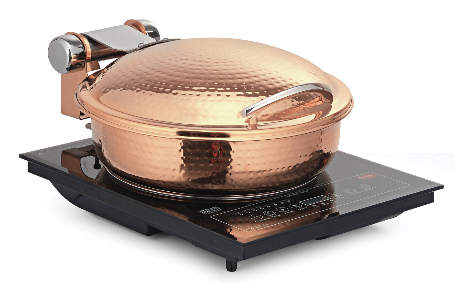 Round 5 Ltrs  Induction Chafer, All Rose Gold, Hammered Finish. With cover control mechanism, Can be used only with Induction Heater. (Induction Heater Not Included)
