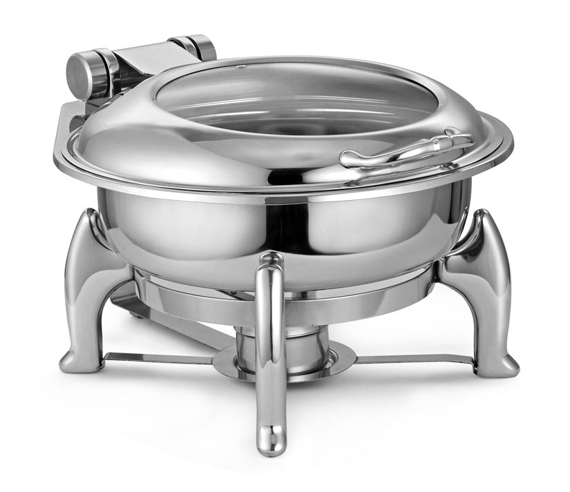 Round 7 Ltrs Deluxe Induction Compatible Chafing Dish, With International Style S/S Stand With Adjustable mechanism for slow movement of cover With Large size Glass Window can be used with Fuel, Induction heater or Heati