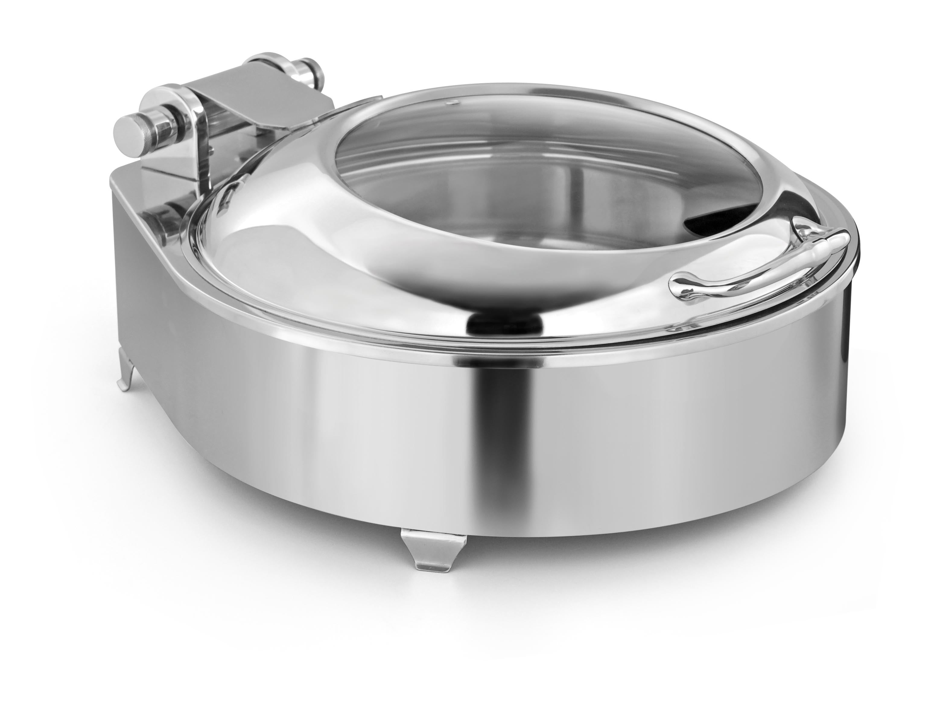 Round 7 Ltrs Deluxe Chafing Dish, With International Style S/S Stand With Adjustable mechanism for slow down of cover Can be used only with Heating Plate. (Heating Plate Included)