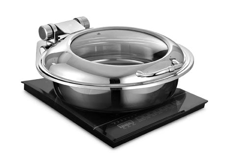 Round Large Induction Chafer,  With cover control mechanism, with Glass window, Can be used only with Induction Heater. Counter Fit Compatible (Induction Heater Not Included)