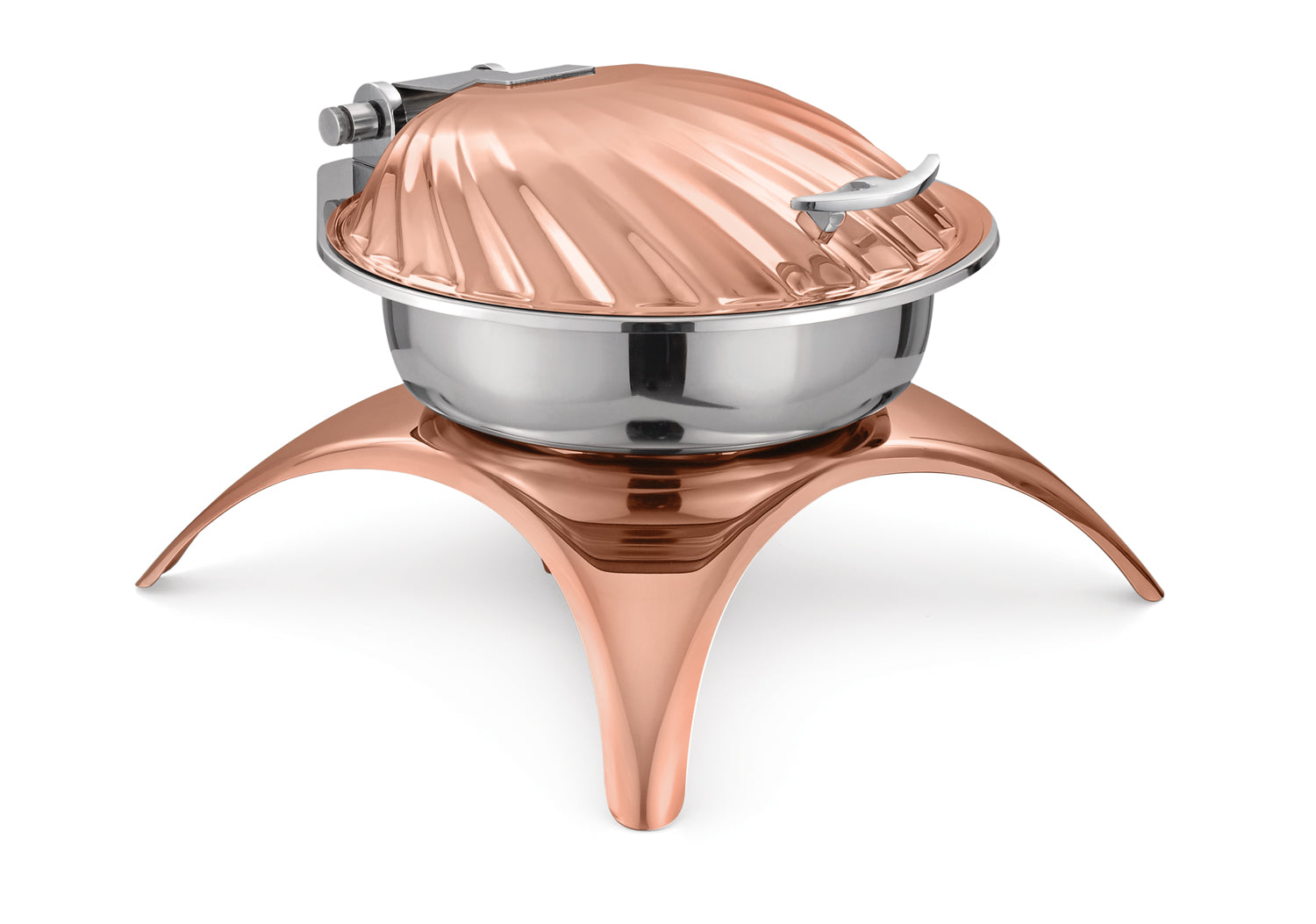 Round 7 Ltrs Deluxe Induction Compatible Chafing Dish, With Shell Shape Lid Rose Gold Finish, With Stainless Steel Star Shape Stand Rose Gold Finish, With Copper Tone Finish . With Adjustable mechanism for slow movement