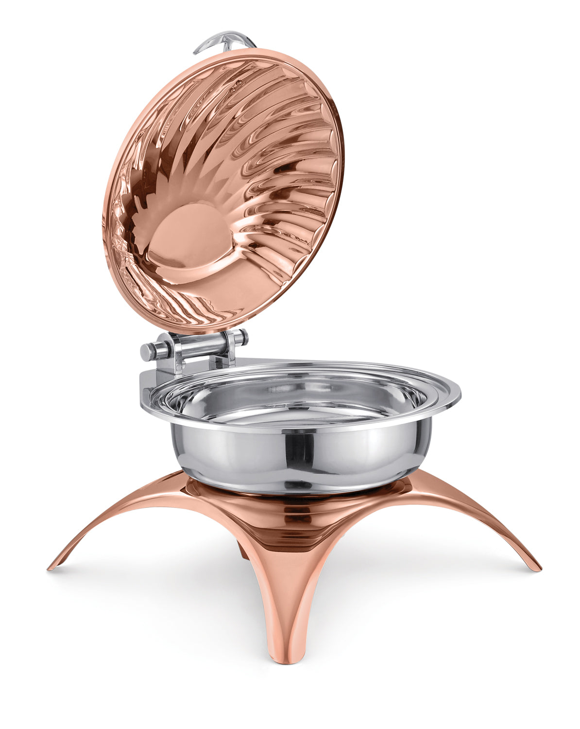 Round 7 Ltrs Deluxe Induction Compatible Chafing Dish, With Shell Shape Lid Rose Gold Finish, With Stainless Steel Star Shape Stand Rose Gold Finish, With Copper Tone Finish . With Adjustable mechanism for slow movement