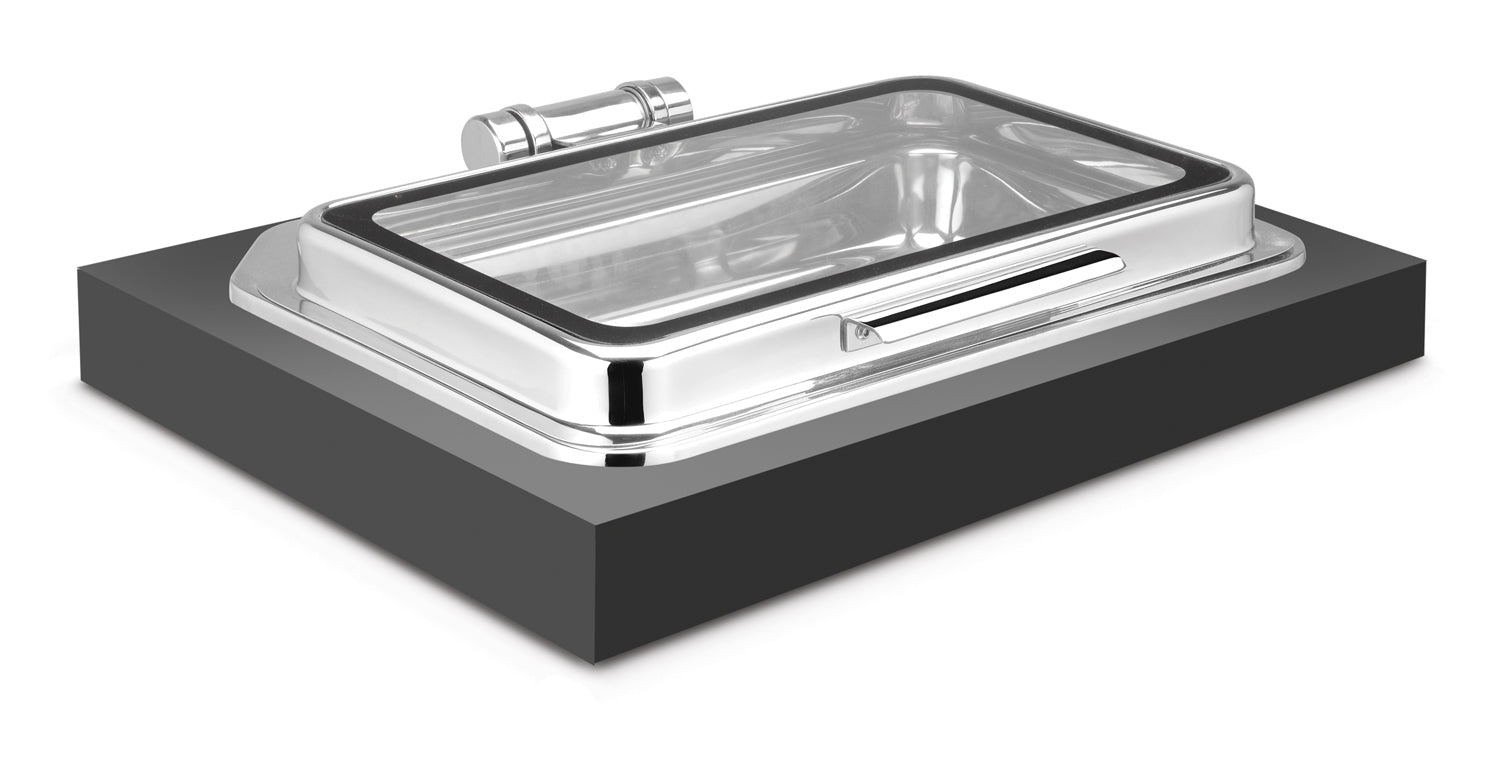Rectangular Deluxe Full Size Induction Chafer (New Model), With Full Glass Window, With cover control mechanism, Compatible only with Heating Plate. Counter Fit Compatible (Heating Plate Included).