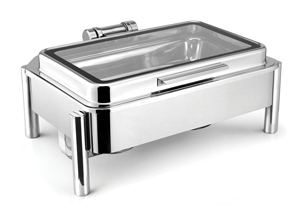 Rectangular Full Size Induction Compatible Chafing Dish, With New Shape with Pillar Type Stand, With Full Glass window, With Adjustable mechanism for slow movement of cover. Can be used with Induction heater, Fuel burner