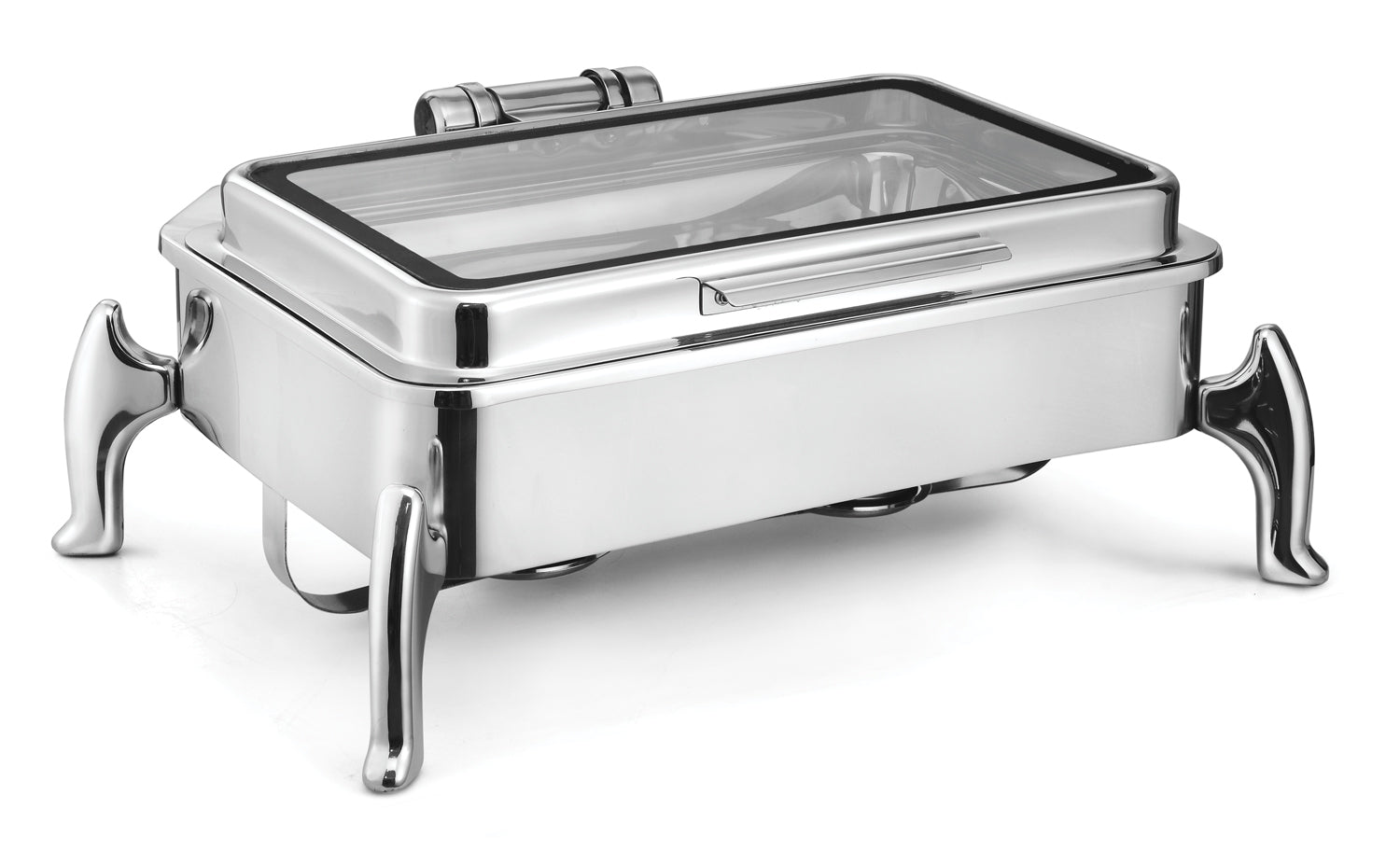 Rectangular Full Size Induction Compatible Chafing Dish, With Wide Frame and International Style S/S Stand. With Adjustable mechanism for slow movement of cover. With Full Glass Window.  Can be used with Fuel, Induction