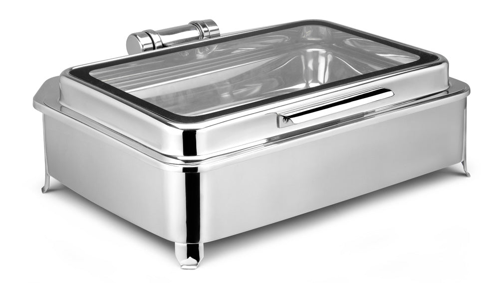 Rectangular Full Size Chafer With cover control mechanism. With Full Glass Window. With fully closed stand. Short Height. Can be used only with Heating Plate. (Heating Plate Included)