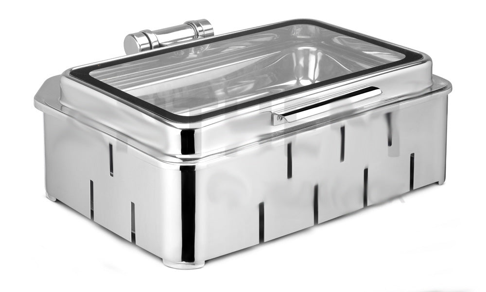 Rectangular Chafer With cover control mechanism. With Full Glass Window. With full covered stand, Medium Height. Can be used only with Heating Plate. (Heating Plate Included)