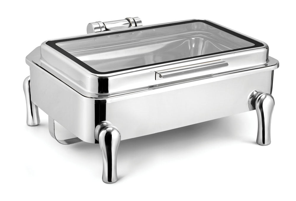 Rectangular Chafer With cover control mechanism. With Full Glass Window. With full covered stand, Tall Height. Can be used with Induction Heater, Fuel Burner or Heating Plate.  (Induction Heater/ Heating Plate Not Includ