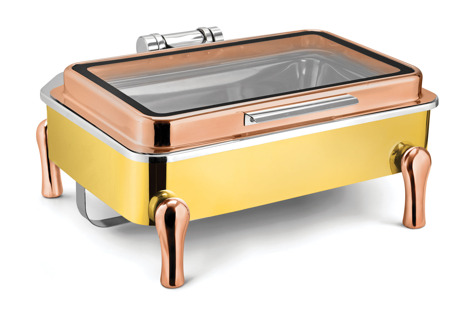 Rectangular Chafer With cover control mechanism. With Full Glass Window. With full covered stand, Tall Height. With Rose Gold Stand, Golden Base and Rose Gold Lid. Can be used with Induction Heater, Fuel Burner or Heatin