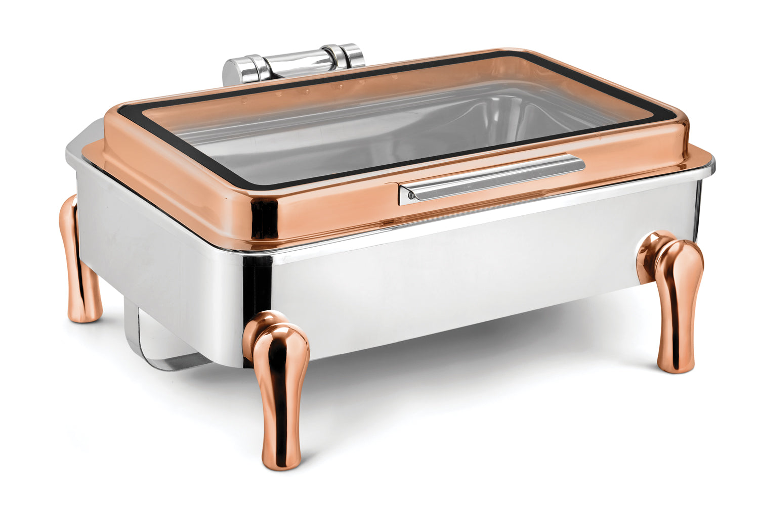 Rectangular Chafer With cover control mechanism. With Full Glass Window. With full covered stand, Tall Height. With Rose Gold Stand, Stainless Steel Base and Rose Gold Lid. Can be used with Induction Heater, Fuel Burner