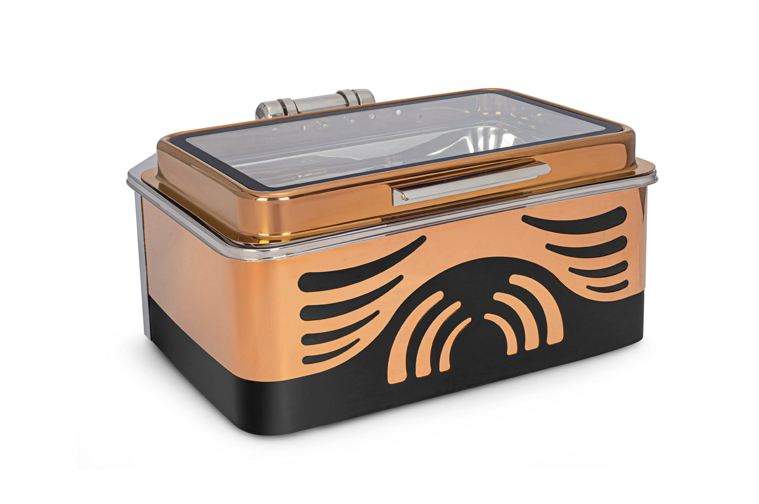 Rectangular Chafer With cover control mechanism. With Full Glass Window. With full covered U design Laser Cutting. Can be used with Induction Heater, Fuel burner or Heating Plate.  (Induction Heater/ Heating Plate Not In