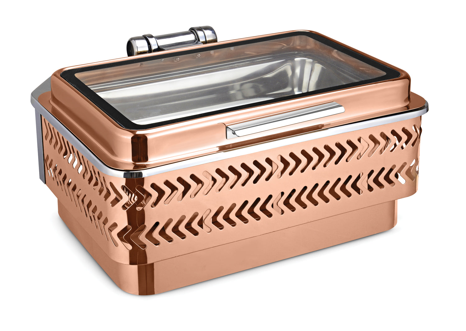 Rectangular Chafer With cover control mechanism. With Full Glass Window. with Arrow Laser Cutting. With full covered Floating type stand. Tall Height. With all Rose Gold Finish. Can be used with Induction Heater, Fuel bu