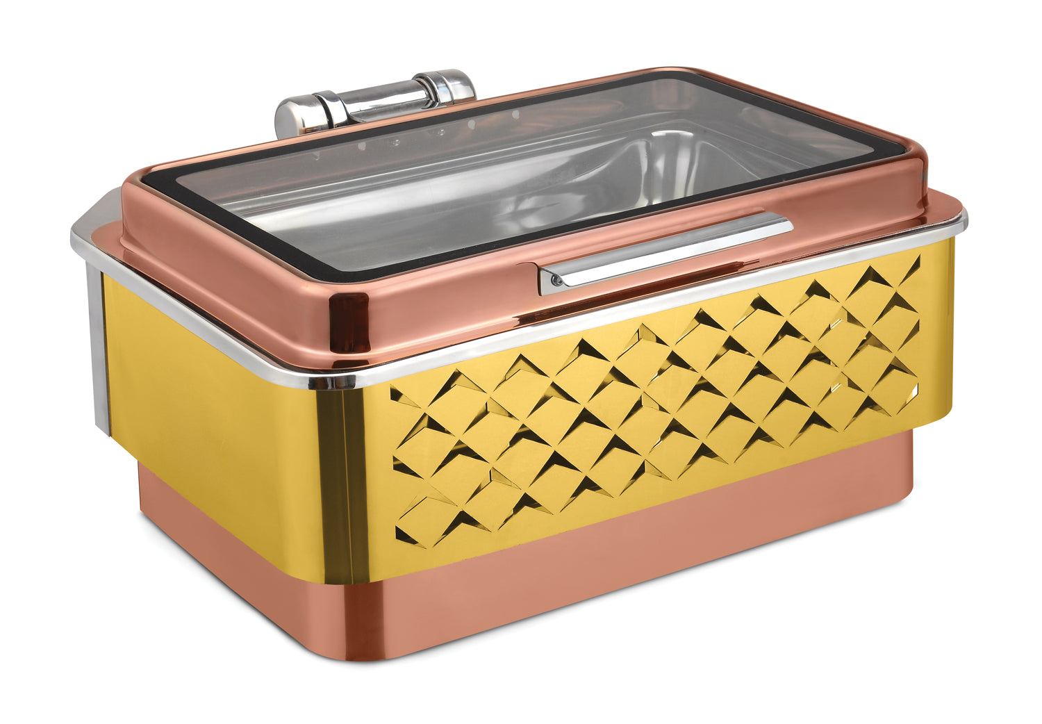 Rectangular Chafer With cover control mechanism. With Full Glass Window. with Diomond Laser Cutting. With full covered Floating type
stand. Tall Height. With Rose Gold Base, Golden and Rose Gold Lid. Can be used with Ind