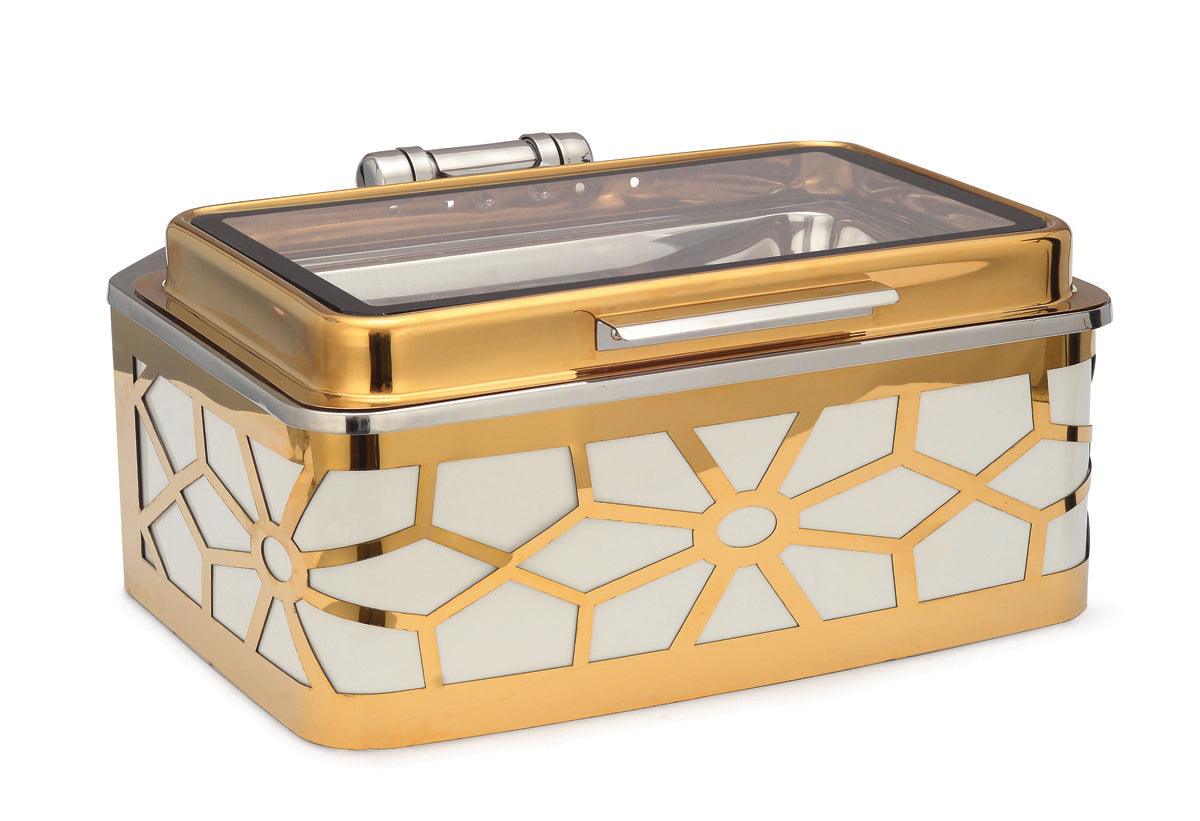 Rectangular Chafer With cover control mechanism. with Jacket Type Laser Cutting. With Full Glass Window. With full covered Floating
type stand. Tall Height. With Gold Base, White and Gold Lid. Can be used with Induction