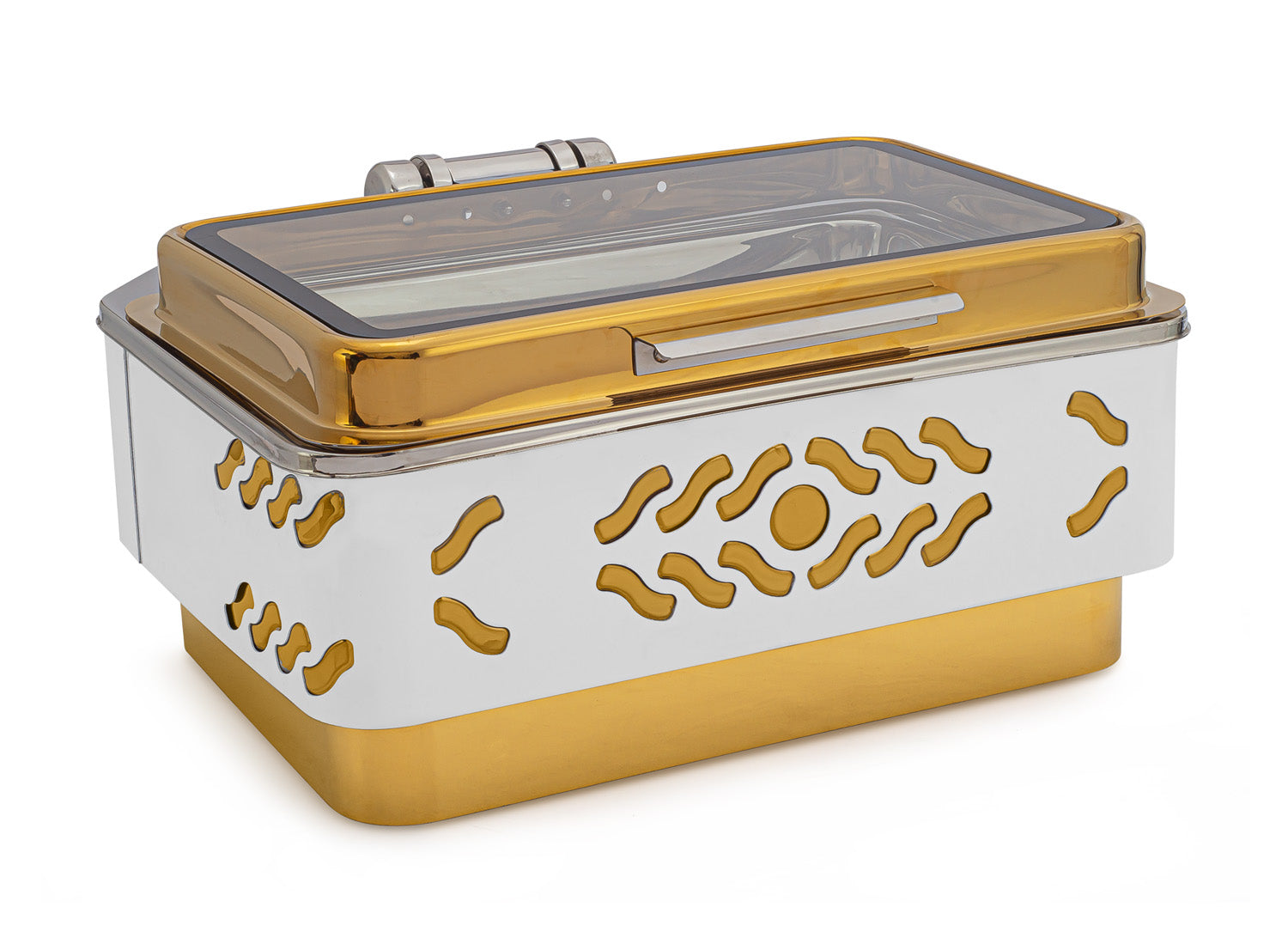 Rectangular Chafer With cover control mechanism. With Full Glass Window. With full covered Floating type stand. With O design Laser Cutting. Tall Height. Can be used with Induction Heater, Fuel burner or Heating Plate.