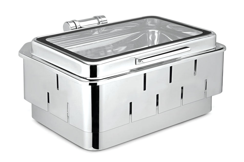 Rectangular Chafer With cover control mechanism. With Full Glass Window. With full covered Floating type stand. Tall Height. Can be used with Induction Heater, Fuel Burner or Heating Plate.  (Induction Heater/ Heating Pl
