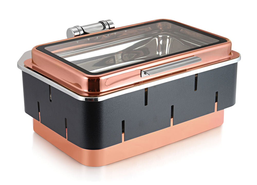 Rectangular Chafer With cover control mechanism. With Full Glass Window. With full covered Floating type stand. Tall Height. With Rose
Gold Base, Black and Rose Gold Lid. Can be used with Induction Heater, Fuel burner or