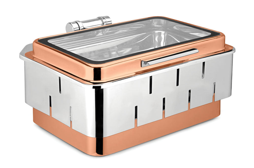 Rectangular Chafer With cover control mechanism. With Full Glass Window. With full covered Floating type stand. Tall Height. With Rose Gold Base and Rose Gold Lid. Can be used with Induction Heater, Fuel burner or Heatin