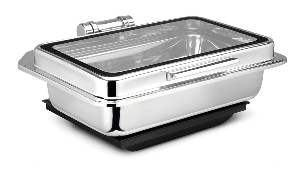 Rectangular Deluxe Full Size Induction Chafer (New Model), With Glass Window, With cover control mechanism, Compatible with Induction Heater. Counter Fit Compatible (Induction Heater/ Heating Plate Not Included).