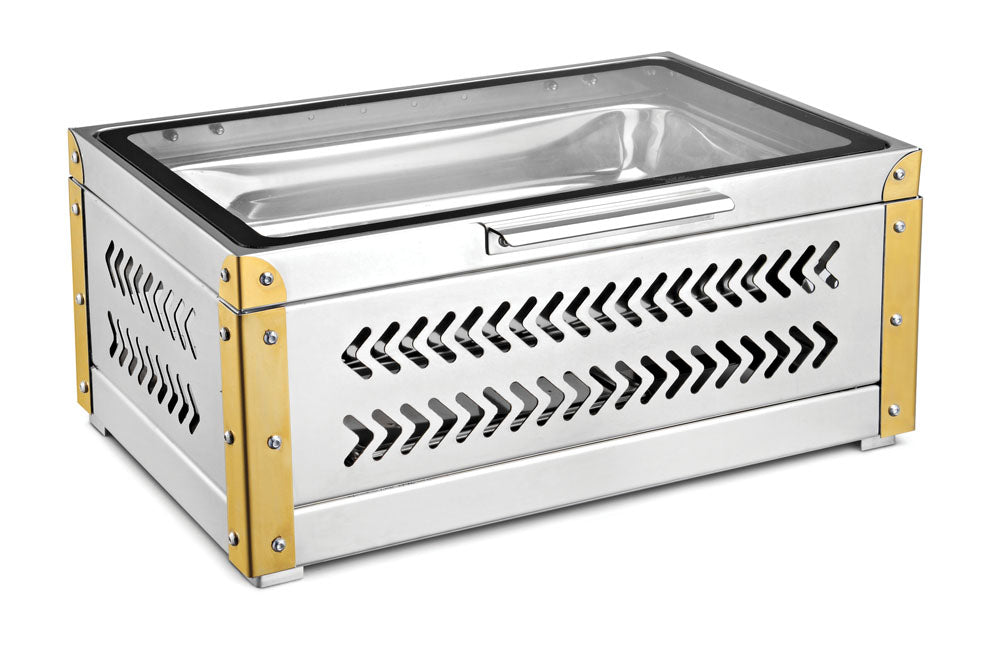 Rectangular Chafer With Full Glass Top Lid, With cover control mechanism. With full covered stand. Tall Height. Laser Cutting Arrow Design. Can be used with Fuel Burner or Heating Plate.  (Heating Plate Not Included).