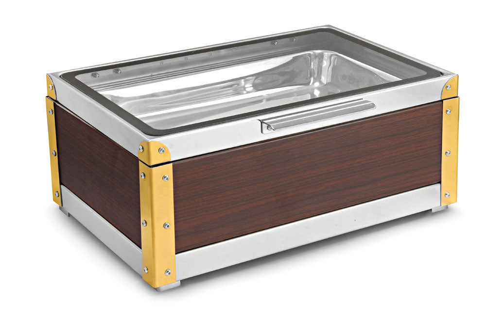 Rectangular Chafer With Full Glass Top Lid, With Wooden Finish, With cover control mechanism. With full covered stand. Tall Height. Can be used with Fuel Burner or Heating Plate.  (Heating Plate Not Included).