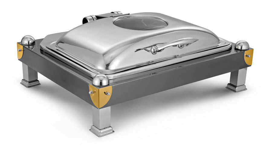 Rectangular Deluxe Full Size Induction Chafer (New Model), With Glass Window, With Pillar Chowki Stand, With Black Tone Chowki, With cover control mechanism, Compatible with Heating Plate. Counter Fit Compatible (Heating