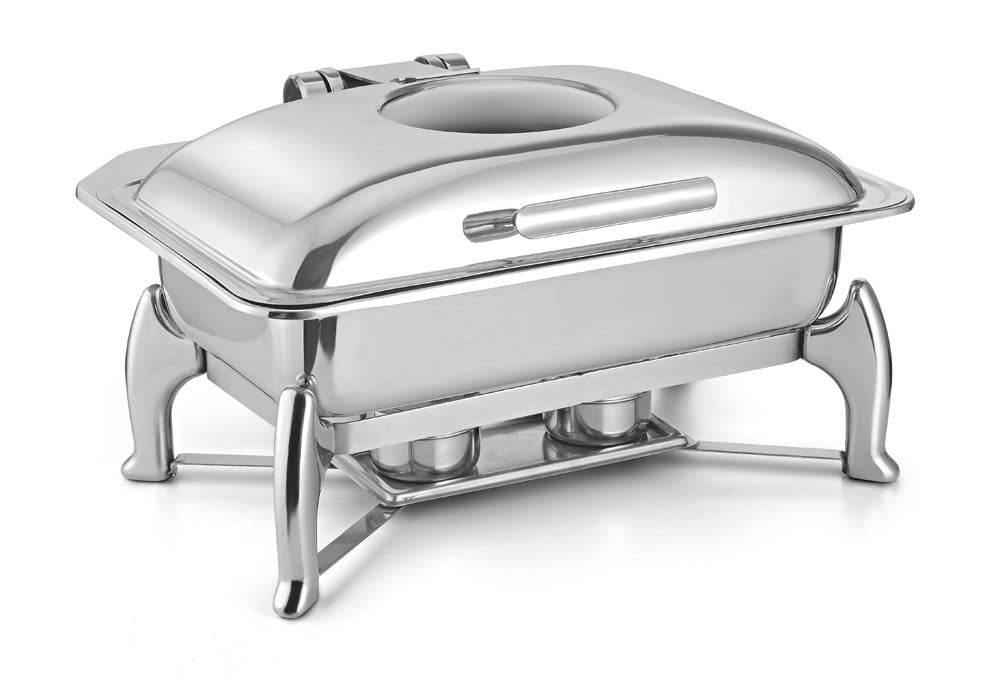 Rectangular Full Size Induction Compatible Chafing Dish, With International Style S/S Stand. With Adjustable mechanism for slow movement of cover. With Glass Window.  Can be used with Fuel, Induction heater or Heating Pl