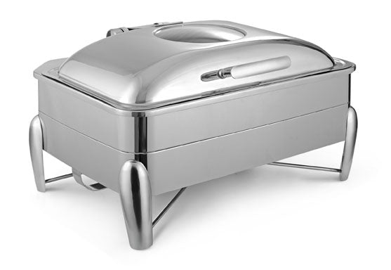 Rectangular Chafer With cover control mechanism. With Glass Window. With full covered stand, with V-Groove. Tall Height. With modern style legs. Can be used with Induction Heater, Fuel Burner or Heating Plate.  (Inductio