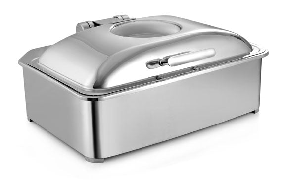 Rectangular Chafer With cover control mechanism. With Glass Window. With full covered stand, Medium Height. Can be used only with Heating Plate. (Heating Plate Included)