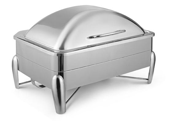 Rectangular Chafer With cover control mechanism. With High Dome Lid. With full covered stand, with V-Groove. Tall Height. With modern style legs. Can be used with Induction Heater, Fuel Burner or Heating Plate.  (Inducti