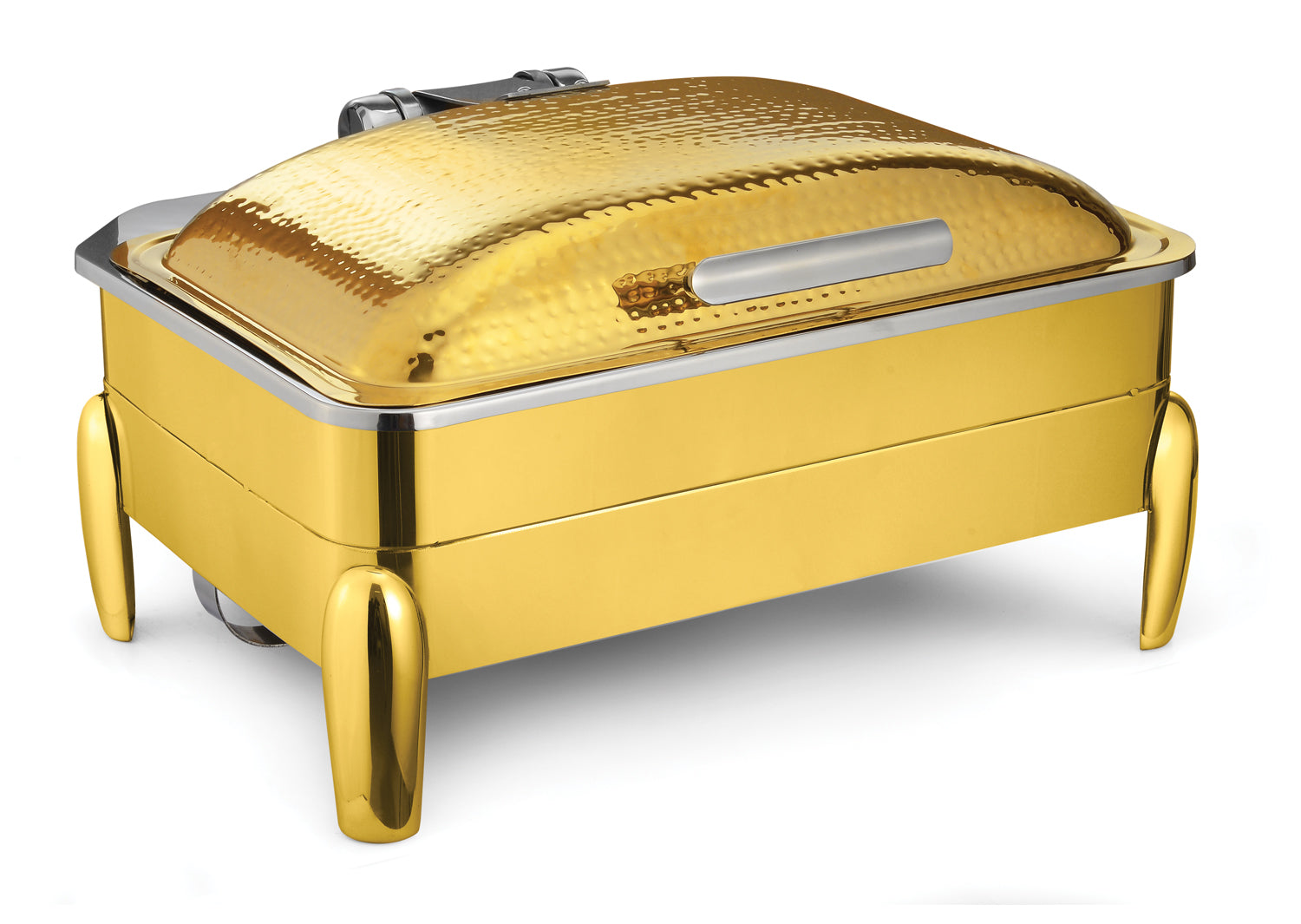 Rectangular Chafer With cover control mechanism. With High Dome Hammered Lid. With full covered stand, with V-Groove. Tall Height.
With All Golden Finish. With modern style legs. Can be used with Induction Heater, Fuel b