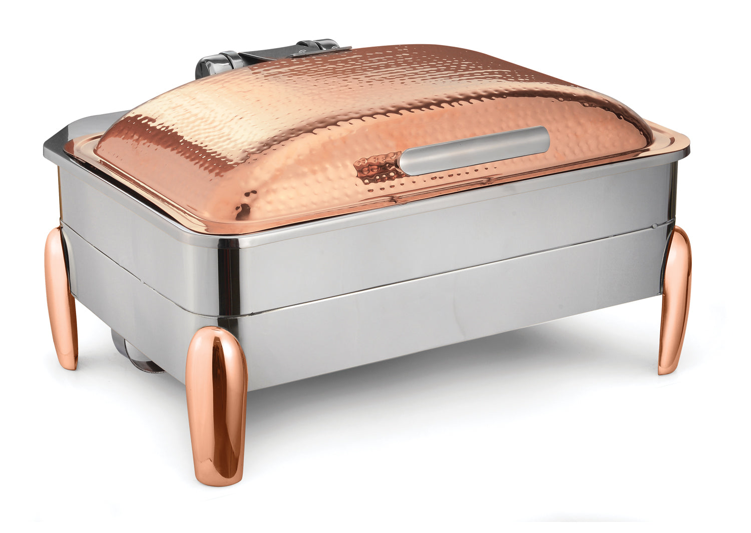 Rectangular Chafer With cover control mechanism. With High Dome Hammered Lid. With full covered stand, with V-Groove. Tall Height. With Rose Gold Stand, Stainless Steel Base and  Rose Gold Lid Finish. With modern style l