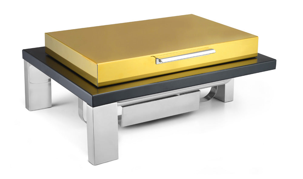Table Type Rectangular Chafer,  Stainless Steel Stand, Black Base and Golden Lid finish. With cover control mechanism. Can be used with Fuel Burner or Heating Plate.  (Heating Plate Not Included).