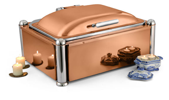 Rectangular Chafer, with Stainless Steel full covered modular Stand, Tall Height, with Full Height Corner Pillar, with Rose Gold Tone Lid and Stand Finish. With Adjustable mechanism for slow movement of cover Can be used