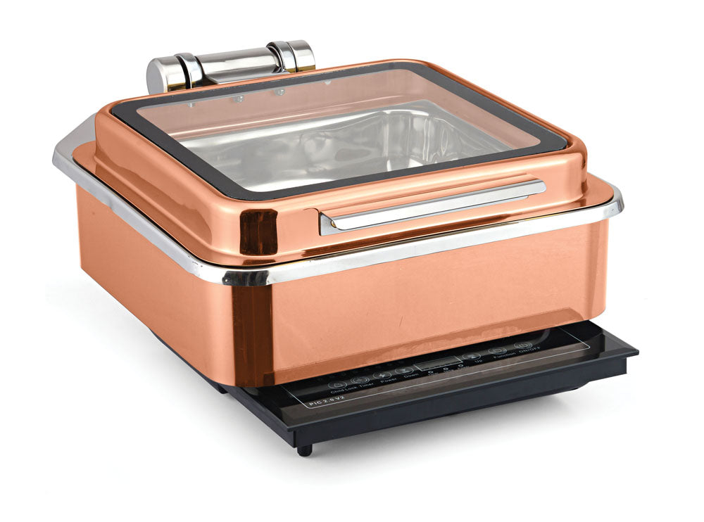 Square 7 Ltrs Induction Chafer (New Model), With cover control mechanism, with Full Glass window, With Rose Gold Base and Golden Lid. Compatible with Induction Heater.  Counter Fit Compatible (Induction Heater/ Heating P