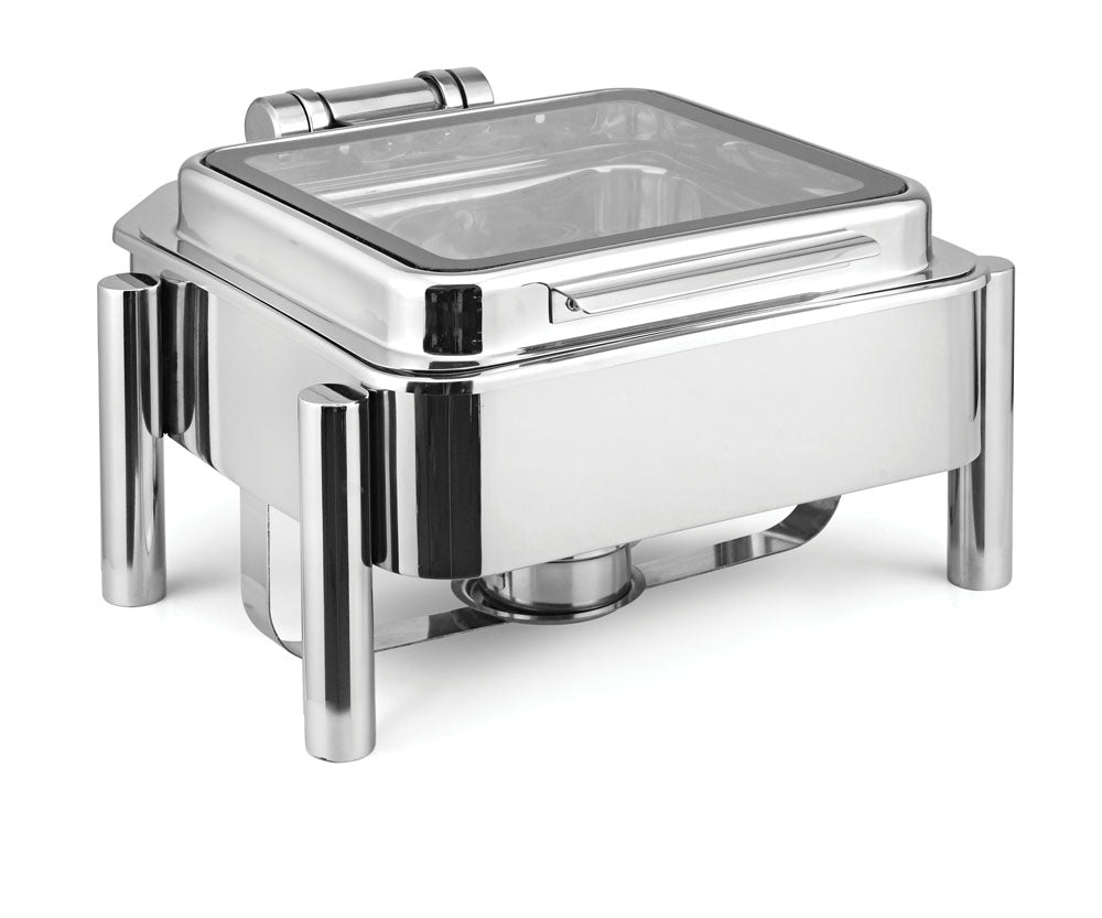 Square 7 Ltrs Induction Compatible Chafing Dish, With New Shape with Pillar Type Stand, With Full Glass window, With Adjustable mechanism for slow movement of cover. Can be used with Induction heater, Fuel burner and Hea